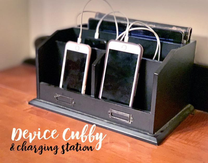 device cubby and phone charging station